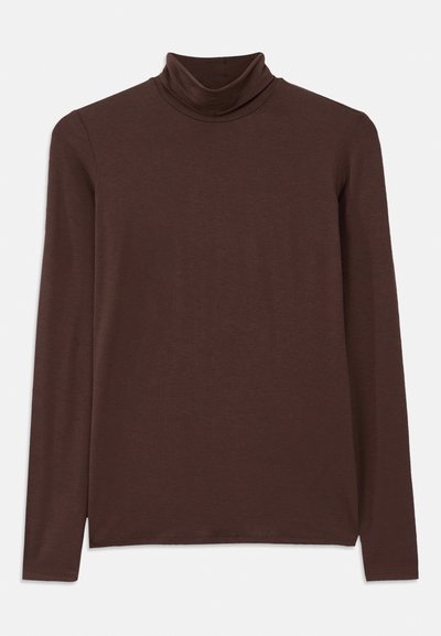 Brown long-sleeve turtleneck top made of soft, stretchy fabric. Features a snug high neckline and a straight hem with minimal stitching.