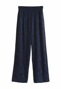 Marineblaue weite Hose aus weichem Stoff mit einem strukturierten Blumenmuster und einem elastischen Bund für Komfort.