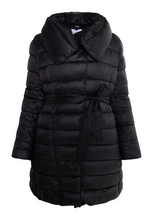 Must must coat suure kraega, vöödiga talje ja tikitud tekstuuriga. Omab pikemaid varrukaid ja kergelt laienevat siluetti.