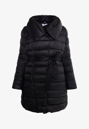 Black puffer coat with a large collar, belted waist, and quilted texture. Features long sleeves and a slightly flared silhouette.
