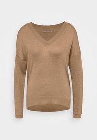 Beige gebreide trui met een V-hals, lange mouwen en een comfortabele pasvorm. Heeft geribbelde manchetten en zoom, die een zachte textuur uitstralen.