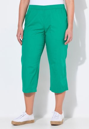 Pantaloni capri leggeri e verdi con vita elasticizzata, tasche laterali e taglio rilassato, che si fermano sotto il polpaccio. Abbinati a sneaker bianche.