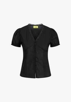 Crna bluza s kratkim rukavima, ukrašena čipkom uz V-izrez, zatvaranje na gumbe sprijeda, blago naborani rukavi i krojena u struku.