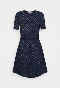 Abito navy a maniche corte con un motivo testurizzato di lettere e linee, caratterizzato da un collo rotondo e una silhouette svasata a forma di A.