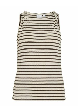 Haut sans manches en maille côtelée avec rayures horizontales beige et marron foncé et détails de nœuds sur les bretelles.