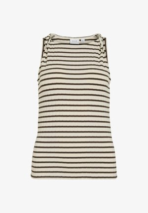 Bezrękawnik prążkowany, dziany z beżowymi i ciemnobrązowymi poziomymi paskami oraz detalami w postaci węzłów na ramiączkach.