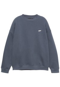 Felpa blu in misto cotone; presenta un colletto e dei polsini a coste; piccolo logo bianco sul petto; vestibilità rilassata, design semplice.