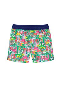Shorts de bain colorés avec un imprimé de paysage urbain vibrant, des palmiers, une taille élastique bleu marine et une coupe décontractée.