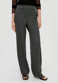 Gray wide-leg pants made from a soft fabric; features a smooth waistband and a minimalist design with no visible pockets.