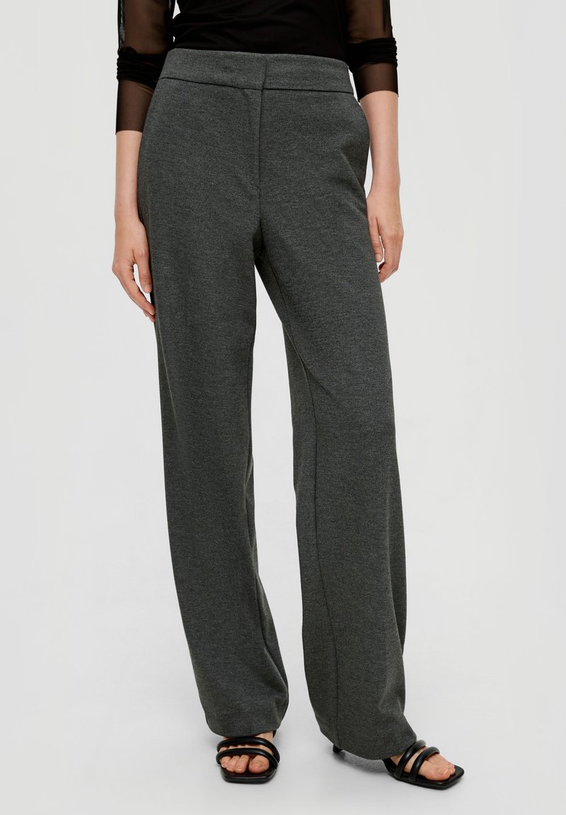 Gray wide-leg pants made from a soft fabric; features a smooth waistband and a minimalist design with no visible pockets.