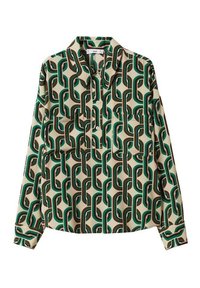 Chemise à manches longues boutonnée en tissu léger, présentant un motif géométrique de chaînes en vert, marron et crème, avec un col classique.