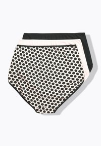 Zestaw trzech par damskich majtek. Zawiera czarne w kropki, jednolite czarne oraz jednolite jasnoróżowe wzory, z elastycznymi pasami w talii.