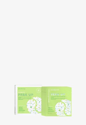 Lysende grøn emballage til Patchologys "Perk Up" energigivende te-infunderede aromaterapi øjengeler, med individuelle pakker vist ved siden af æsken.
