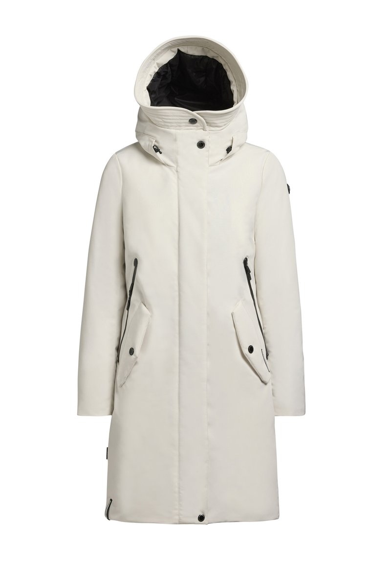 Long white coat with a large hood, black interior, and black zippers. Features flap pockets and a straight silhouette. Smooth texture.