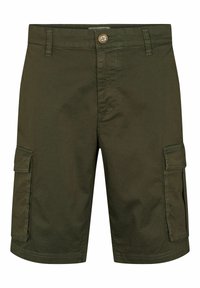 Shorts cargo de culoare verde măsliniu, din bumbac, cu închidere cu nasture, buzunare laterale și un design drept. Textură netedă.