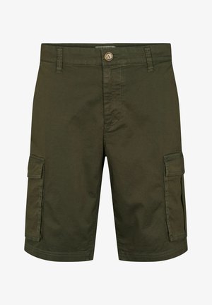 Olivové cargo šortky vyrobené z bavlny, s gombíkovým zapínaním, bočnými vreckami a rovnými strihom. Hladký povrch.