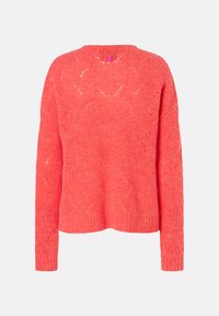 Korallfarbener Strickpullover mit lockerer Passform, gerippten Bündchen und einem strukturierten Muster mit durchbrochenen Details am Ausschnitt und am Körper.