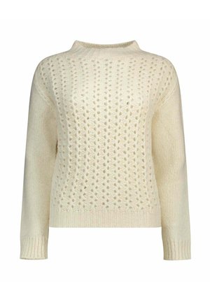 Maglione color crema con un design a lavorazione aperta texturizzata, polsi e orlo a costine, scollo rotondo e maniche lunghe.