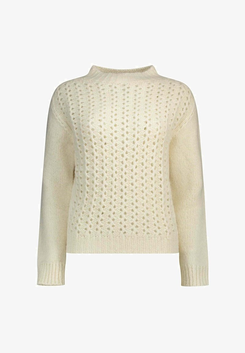 Maglione color crema con un design a lavorazione aperta texturizzata, polsi e orlo a costine, scollo rotondo e maniche lunghe.