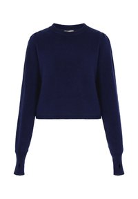 Marineblauer, kurz geschnittene Pullover aus weichem Strickmaterial, mit langen Ärmeln und Daumenlöchern sowie einem runden Ausschnitt.