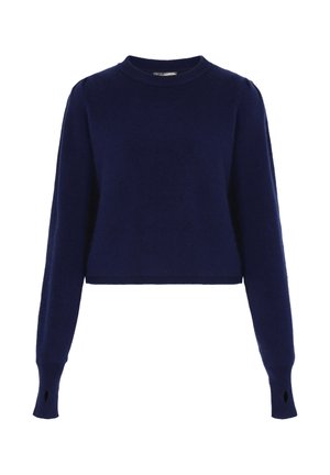 Marineblauer, kurz geschnittene Pullover aus weichem Strickmaterial, mit langen Ärmeln und Daumenlöchern sowie einem runden Ausschnitt.