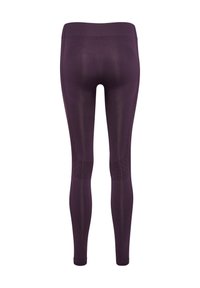 Leggings elasticizzati viola con vita alta, texture a coste e pannelli in rete verticali per traspirabilità e dettagli di design.