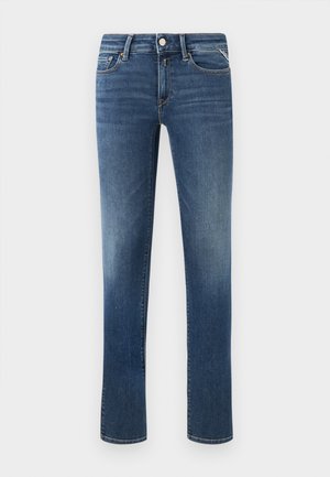 Jeans en denim bleu foncé avec une jambe droite, taille mi-haute, poches avant et coutures classiques. Comprend un bouton en métal et une fermeture éclair.