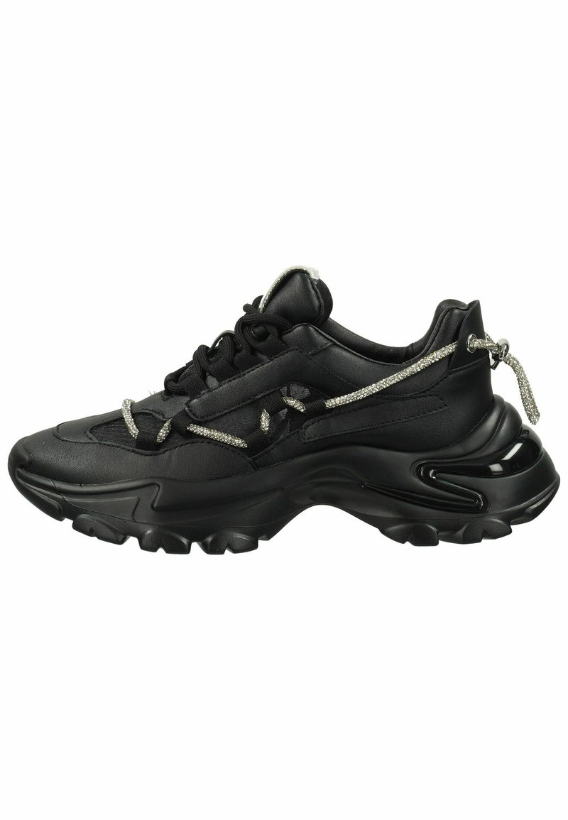 Black athletic shoe with a sleek design, made of synthetic material. Features textured surface, reflective accents, and a thick sole.