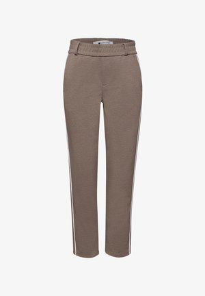 Brązowe zwężane spodnie z elastycznym paskiem w talii, ozdobione białymi paskami po bokach i prostym wzorem. Wykonane z miękkiej tkaniny o gładkiej fakturze.