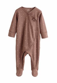 Pruun soonik koos pikkade varrukatega, millel on vöötkonstruktsioon, nööbid ja väikesed beežid täpid kogu ulatuses. Sisaldab jalaga põhja.