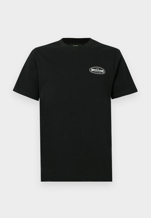 Black cotton t-shirt with short sleeves, round neckline, and a small graphic logo on the left chest in white and grey.
