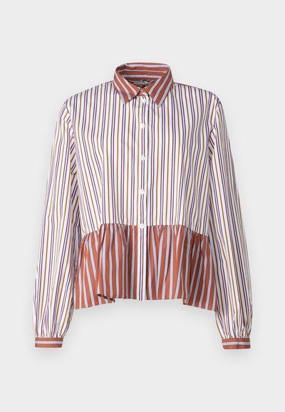 Striped button-up blouse with a collar, featuring vertical stripes in white, rust, and golden yellow, and a peplum bottom in rust fabric.