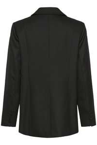 Fekete blézer hajlított gallérral, strukturált kialakítással, egy hátsó sliccel és gombos mandzsettákkal. Sima textúra és testhezálló szabás.