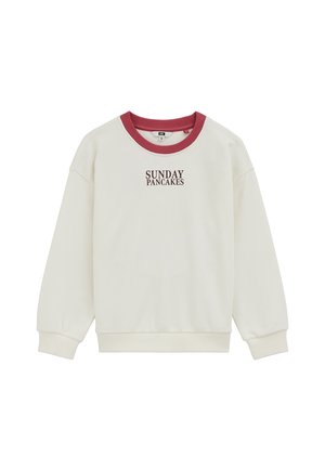 Weißes Langarm-Sweatshirt mit rotem Kragen und dem Text "SUNDAY PANCAKES" in Großbuchstaben auf der Brust gedruckt.