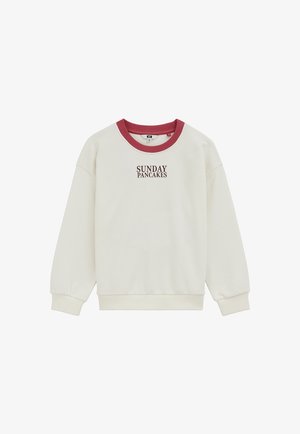 Sweat-shirt blanc à manches longues avec col rouge et le texte "SUNDAY PANCAKES" imprimé en majuscules sur la poitrine.