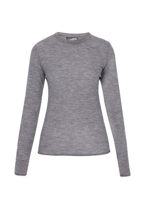 Siva dolgi rokav T-shirt iz mehkega blaga; ima okroglo ovratnico in oprijet kroj, z rahlo meliranim teksturo po vsej površini.