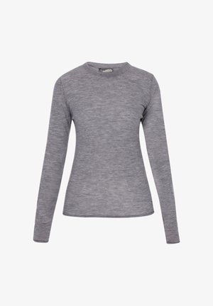 Grå langærmet T-shirt lavet af blødt stof; har en rund halsudskæring og en tætsiddende pasform, med en subtil meleret tekstur hele vejen igennem.