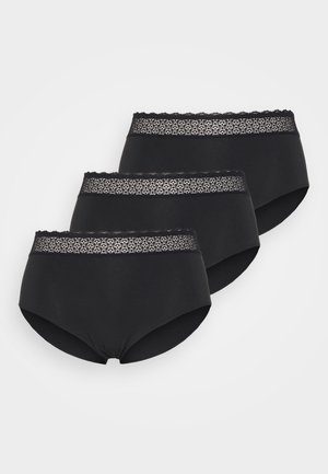 Black cotton brief underwear set of three, featuring a lace-accented waistband with a floral pattern and smooth texture. Classic full coverage style.