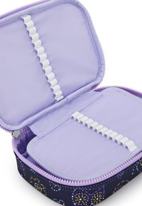 Custodia con zip con un esterno a motivo scuro, dotata di un interno di colore lilla e bande elastiche bianche per l'organizzazione.