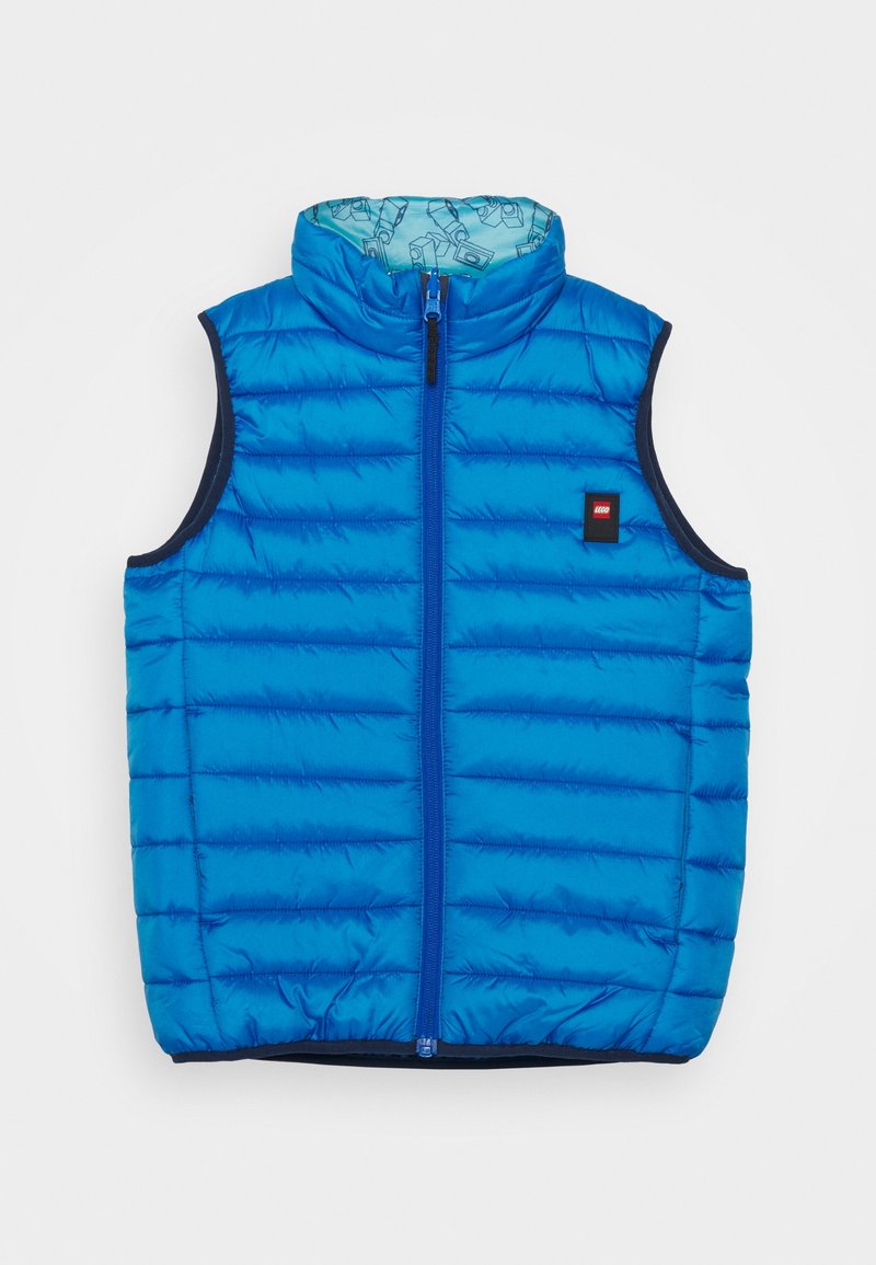 Blauer Steppwesten mit einem gepolsterten Design, hohem Kragen, Frontreißverschluss und marineblauen Akzenten; das Innenfutter weist ein geometrisches Muster auf.