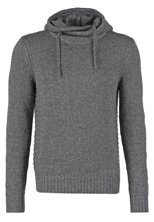 Maglione grigio lavorato a maglia con collo a camino e coulisse. Texture a costine e maniche lunghe. Materiale spesso e caldo.