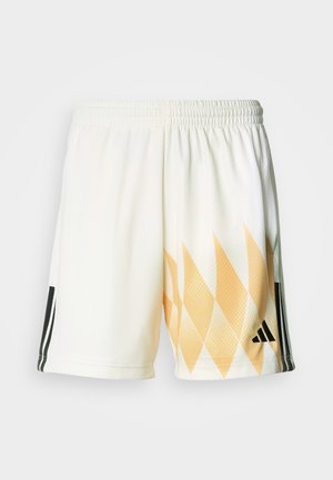 Baltas šorti ar oranžu dimanta rakstu, elastīgu vidukļa joslu un melnām akcentēm sānos ar Adidas logotipu. Tīkls tekstūra.