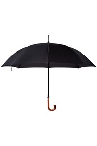 Czarna parasolka z zaokrąglonym drewnianym uchwytem, charakteryzująca się gładkim daszkiem, metalowymi żeberkami i klasycznym designem, idealna do ochrony przed deszczem.