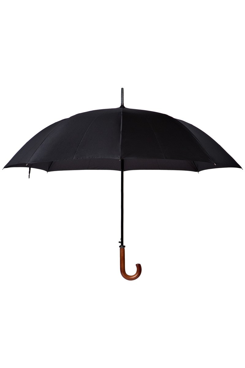 Czarna parasolka z zaokrąglonym drewnianym uchwytem, charakteryzująca się gładkim daszkiem, metalowymi żeberkami i klasycznym designem, idealna do ochrony przed deszczem.