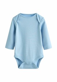 Ljusblå långärmad babybodysuit i mjuk bomull, med rund halsringning och tryckknappar i botten för enkel blöjbyte.