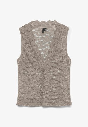 Mouwloze taupekleurige kanten top met bloemmotief, diepe V-hals en getande randen, plat gelegd op een witte achtergrond.