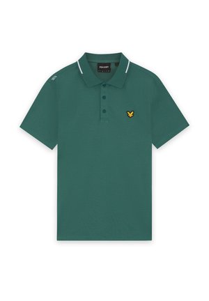 Polo vert à manches courtes avec patte de boutonnage, petit logo aigle jaune et noir sur la poitrine, et rayures blanches sur les bords du col et l'épaule.