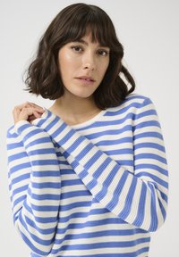 Sweater rayé avec des bandes horizontales bleues et blanches, manches longues, encolure ronde, texture côtelée et tissu doux.