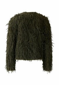 Olive green, shaggy-textured jacket with a cropped design and long sleeves. Features a rounded neckline and minimalist style.