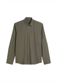 Langsleeve button-up shirt in olijfgroen stof, met een puntige kraag, metalen knopen en een rechte snit met een licht gebogen zoom.